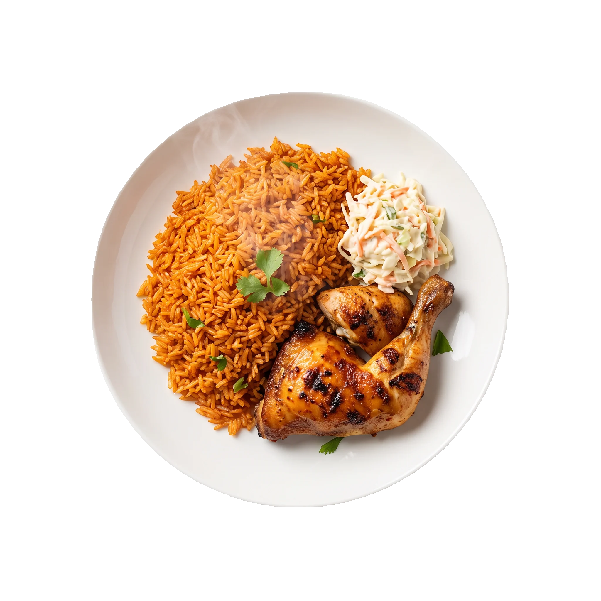 Plate of jollof rice with grilled chicken and coleslaw